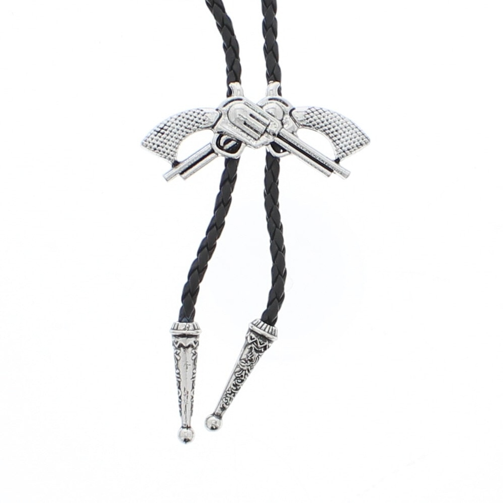 Zac's Alter Ego - Vintage Guns PU Leather Cord Western WesternKrawatte - Schwarz
